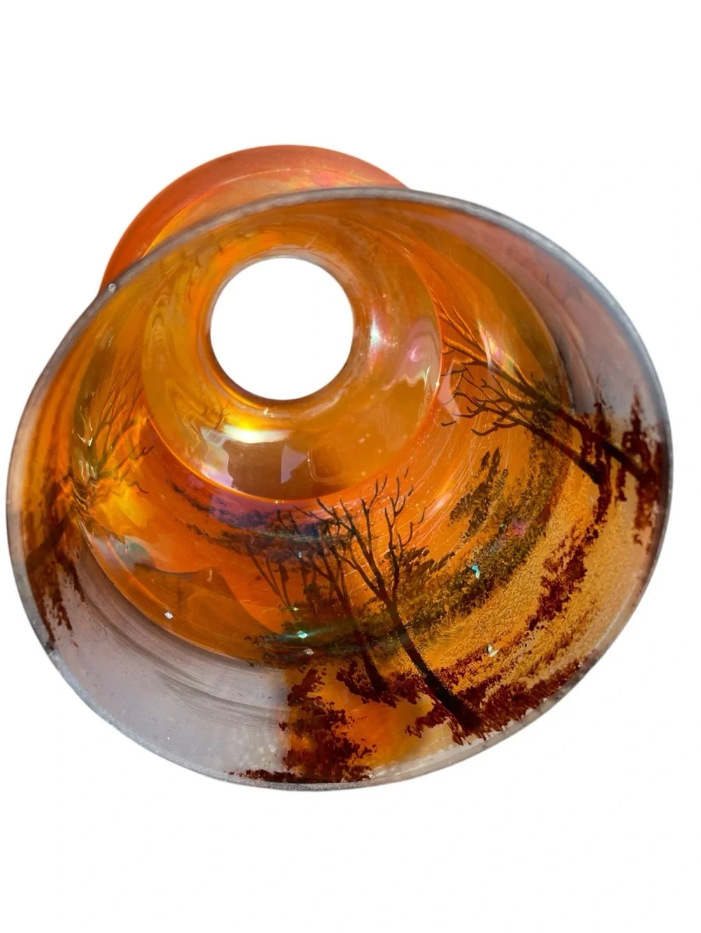 Carnival glass lamp shade from the early 1900’s, depicts a winter scene